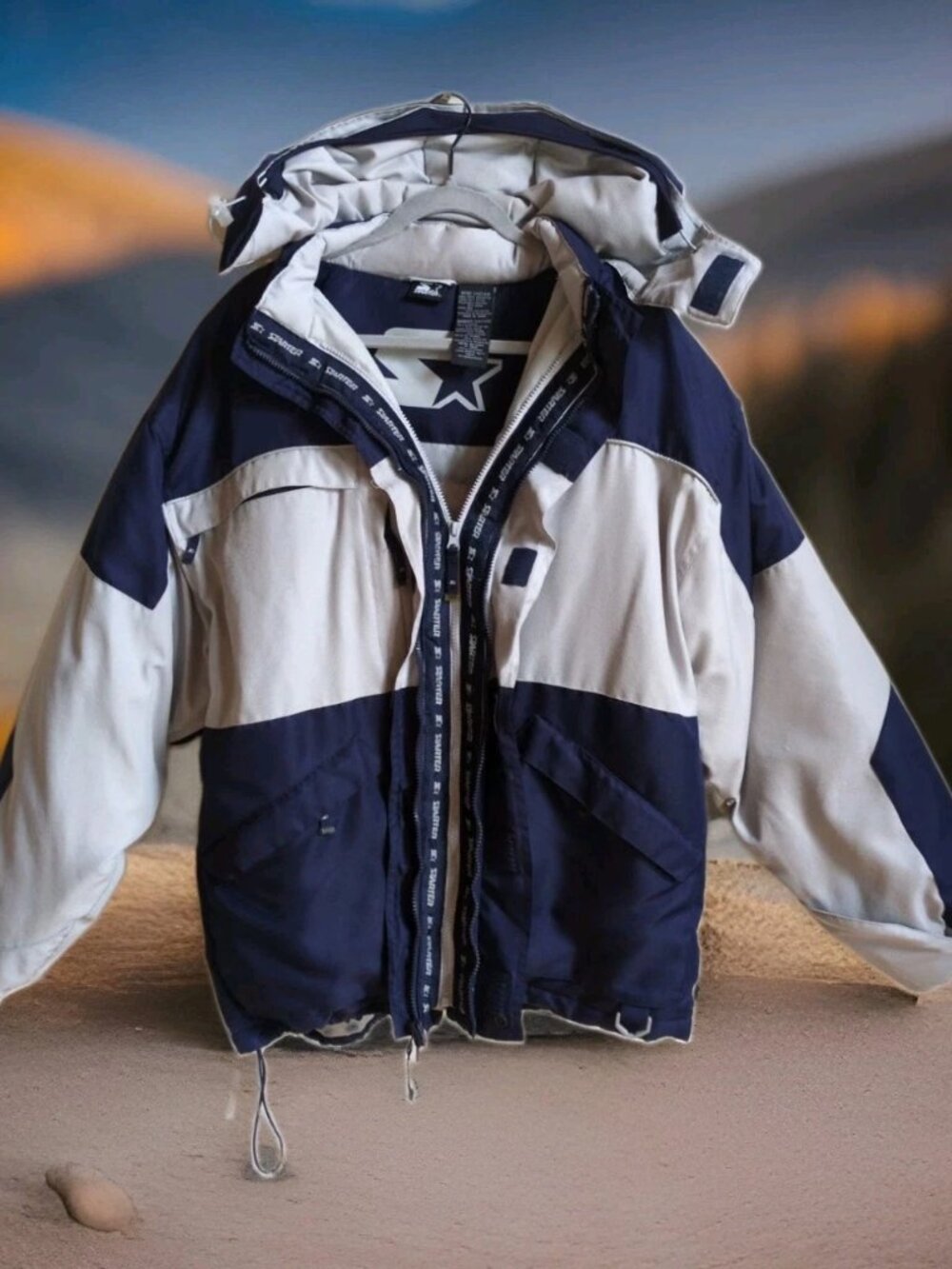 Mens Starter Down Jacket L (42/44) Navy/Smoke Parka Puffer Hooded Coat